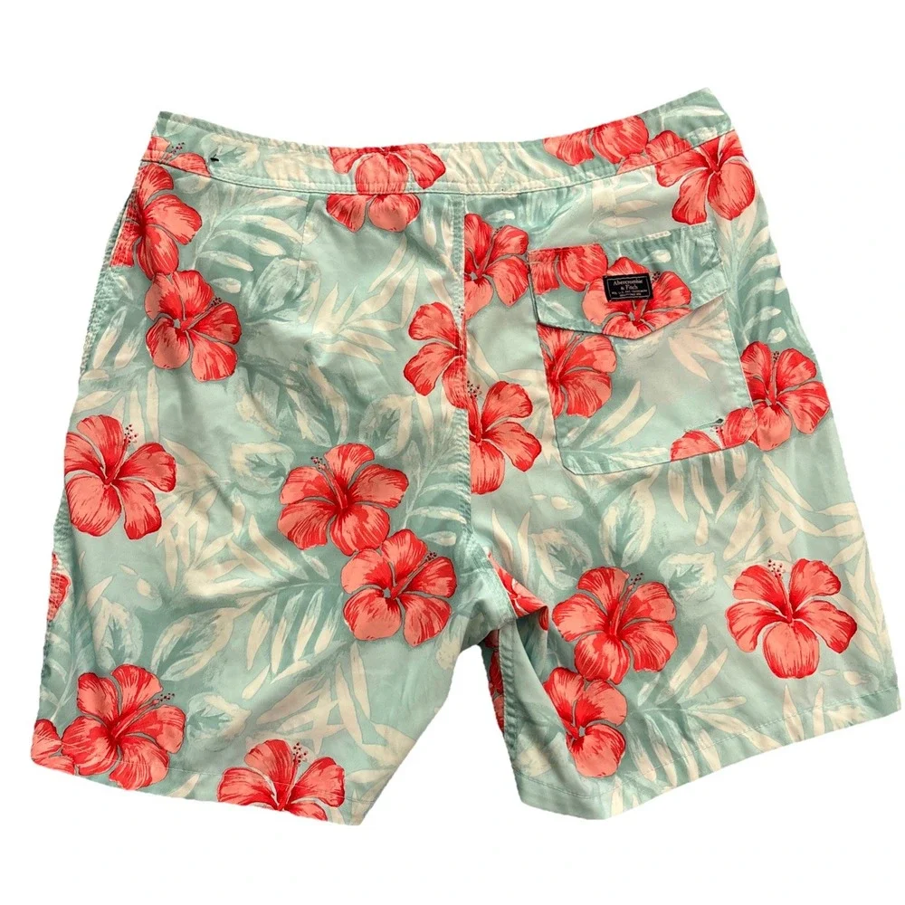 Abercrombie & Fitch Swim Trunks Mens Blue Red Excellent Hibiscus Floral 32